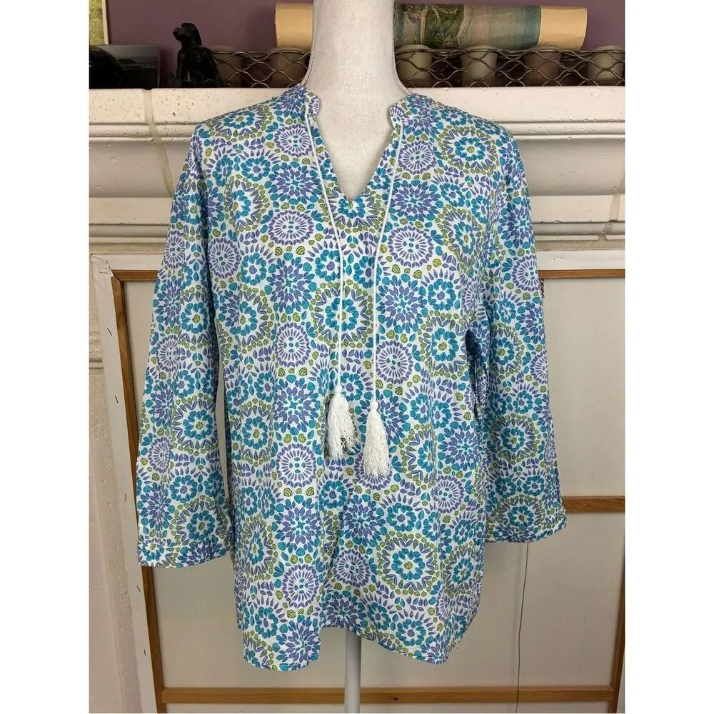 fresh produce Blue, Teal & Lime Shell-Print Cotton Tunic w/ tassel ties